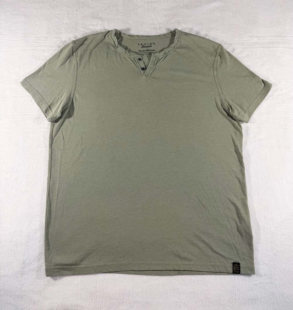 Lucky Brand Venice Burnout Short Sleeve Henley Shirt Army Green Large